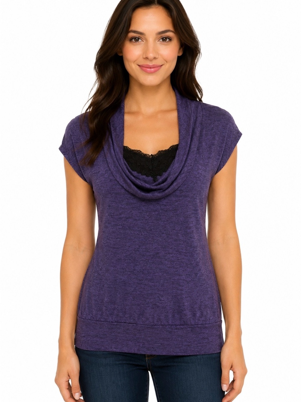 Heart Soul Purple Cowl Neck Lace Layered Cap Sleeve Top Size Small